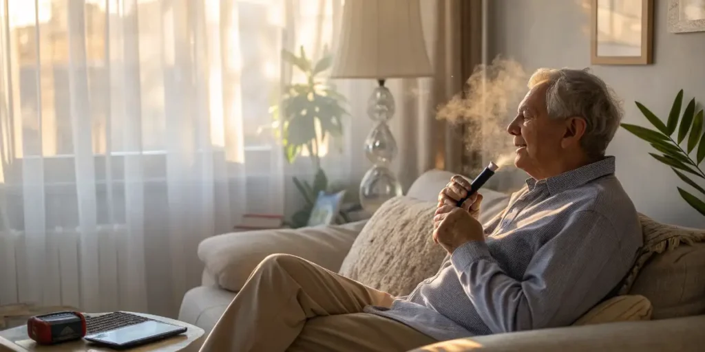 Senior man relaxing at home while vaping cannabis