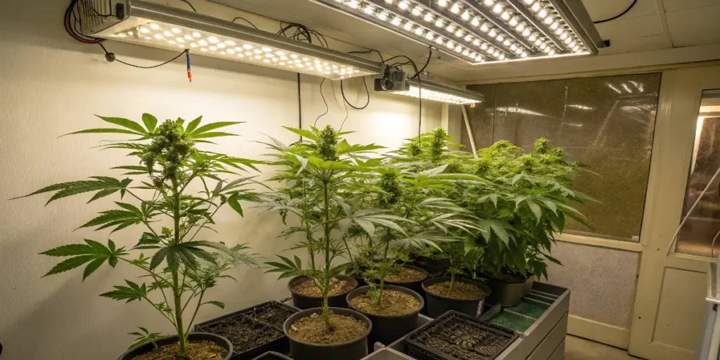 Vegetative cannabis plants from Store Mint Cannabis Seeds under indoor grow lights
