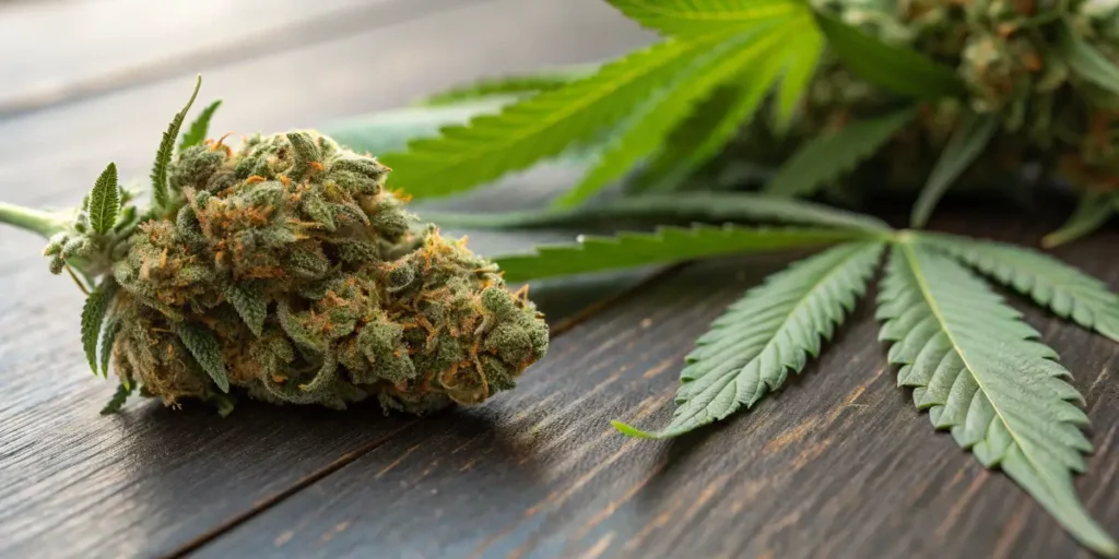 resinous cannabis bud with orange pistils on wooden surface
