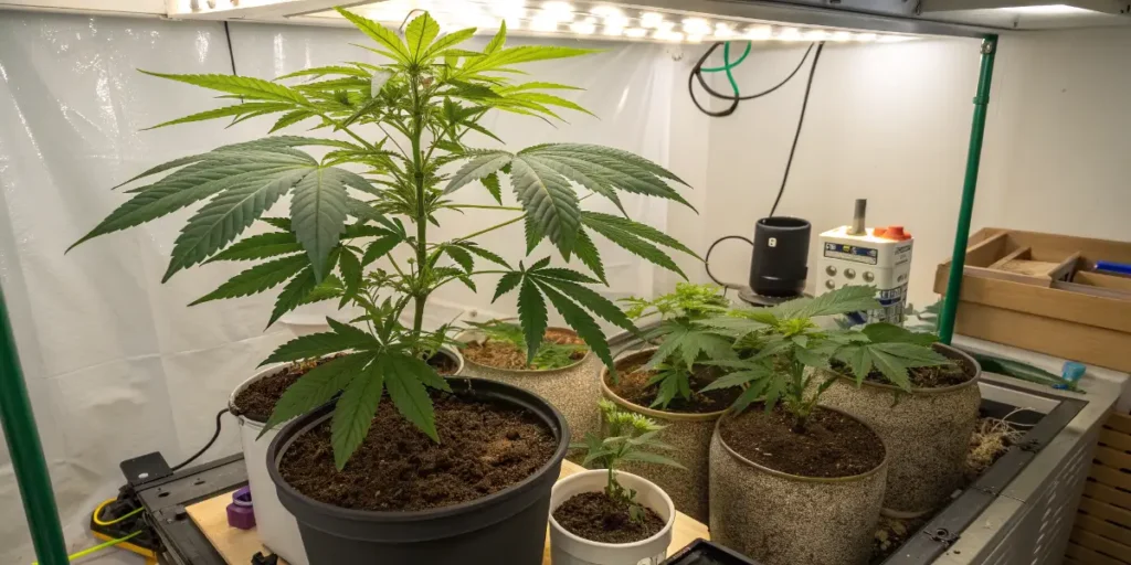 cannabis plants growing indoors under LED lighting system