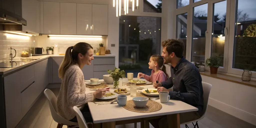 Talking to Kids About Cannabis during family dinner in modern kitchen