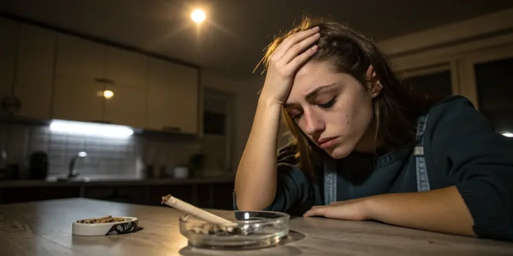 young woman sitting at table looking stressed with cannabis joint nearby