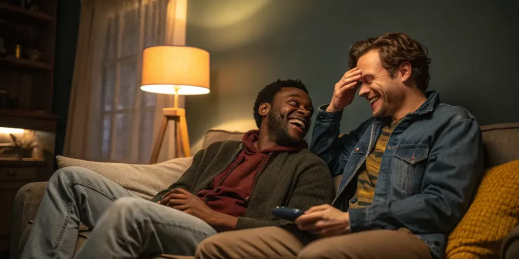Two friends laughing on a sofa, showing a lighthearted moment linked to Cannabis Causes Red Eyes and Solutions.