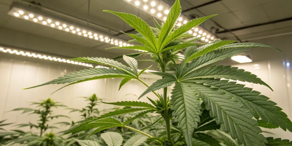 Knockout strain cannabis bud with dense trichomes in flowering stage