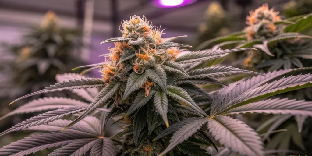 Knockout strain cannabis plant in vegetative stage under indoor LED lighting