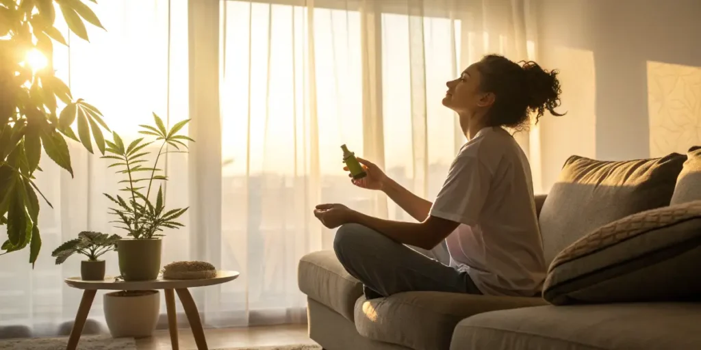 Woman sitting on a sofa using cannabis oil for ADHD relief in a peaceful sunlit living room