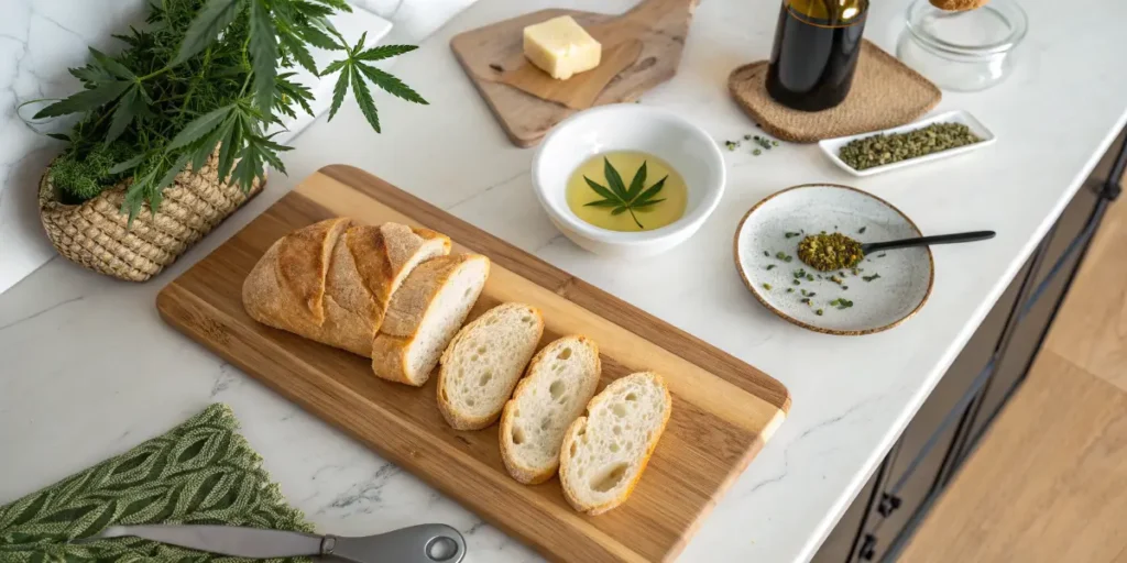 Cannabutter vs Infused Oil displayed with sliced bread, herb dip and cannabis leaves on a kitchen counter.