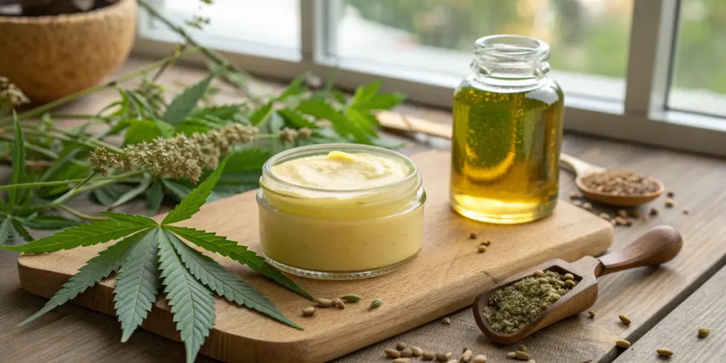 Cannabutter vs Infused Oil shown with a jar of infused oil, creamy butter and cannabis leaves on a wooden surface.