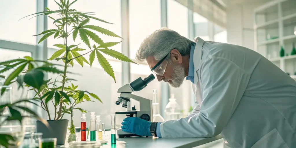 Researcher observing cannabis plant leaves through a microscope in a clinical research lab