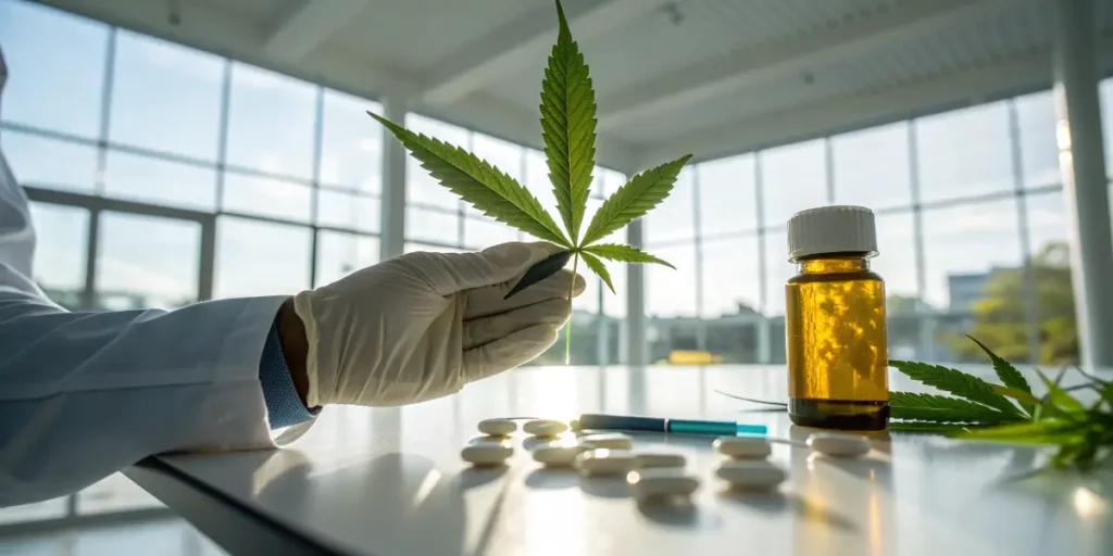 Scientist holding cannabis leaf next to prescription bottle and pills in laboratory