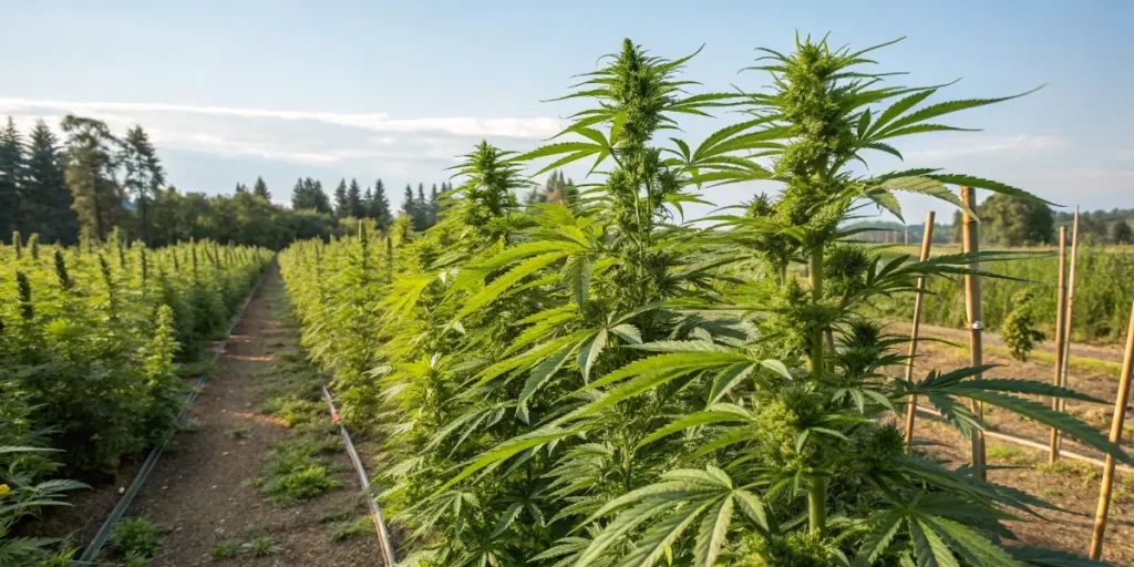 large outdoor cannabis plantation with mature plants