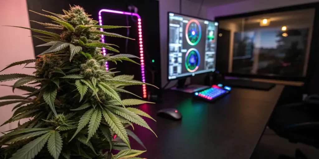 cannabis plant next to rgb gaming computer setup