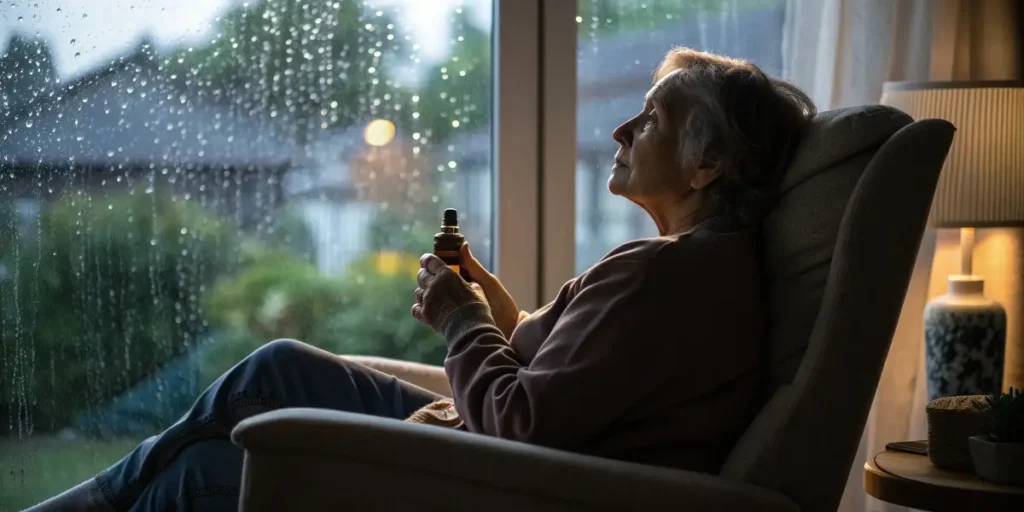 elderly woman holding CBD oil while relaxing by rainy window