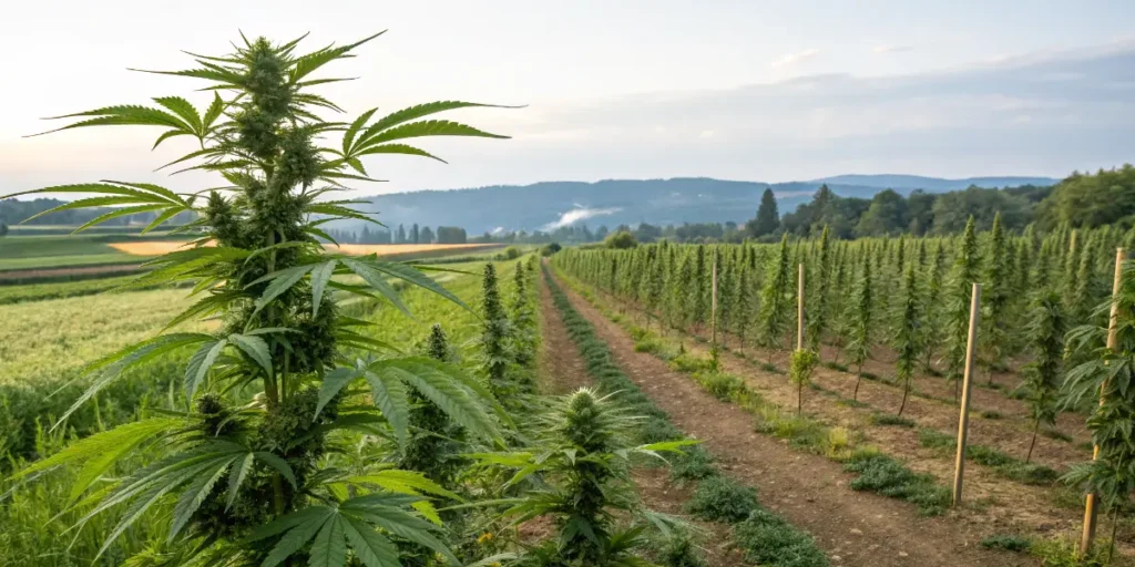 rows of cannabis plants growing on large outdoor farm