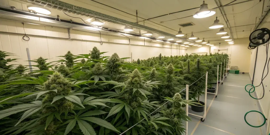 commercial indoor cannabis cultivation facility with flowering plants