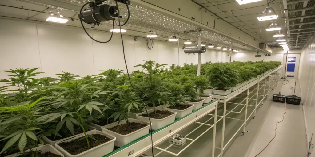 commercial indoor cannabis cultivation room with plants in pots under grow lights