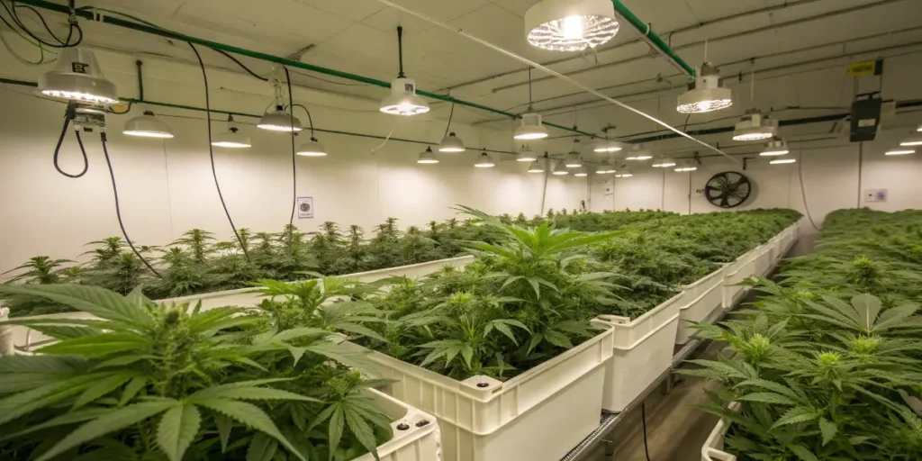 indoor hydroponic cannabis plants growing in containers under grow lights