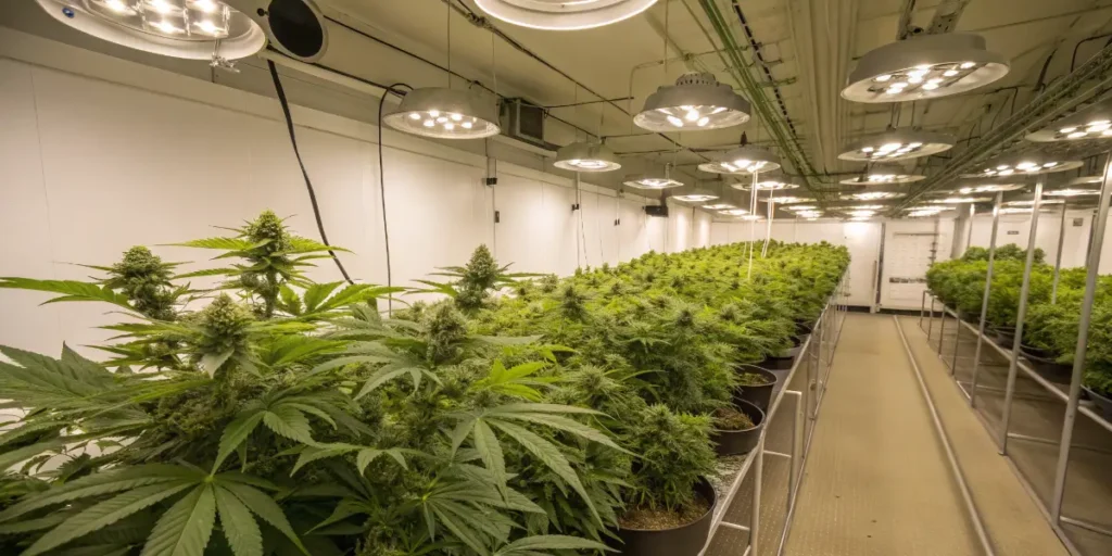 commercial indoor cannabis cultivation facility with rows of plants