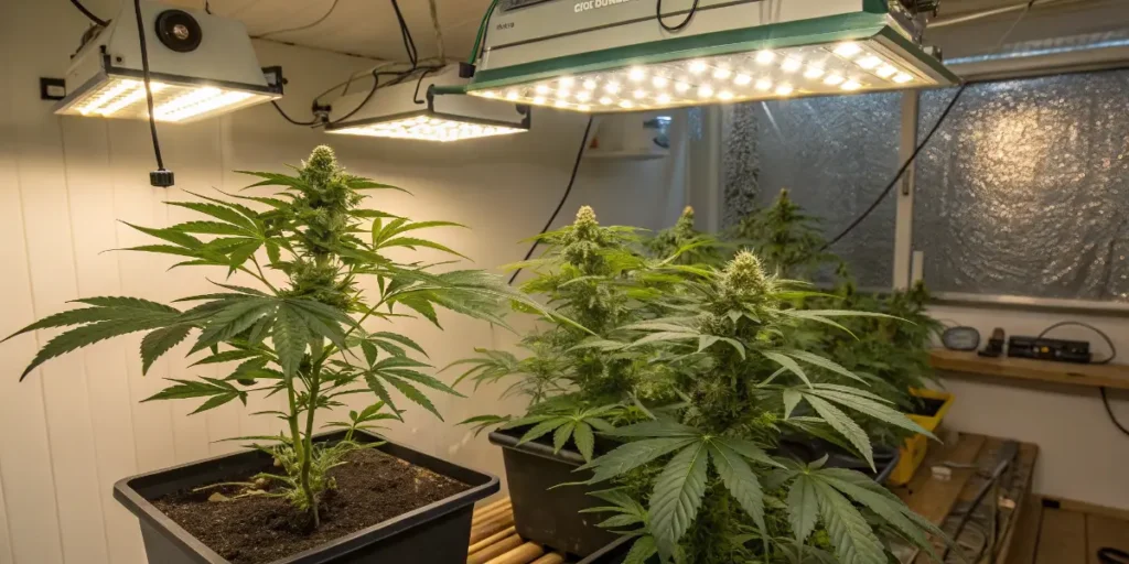 cannabis plants growing indoors under led grow lights