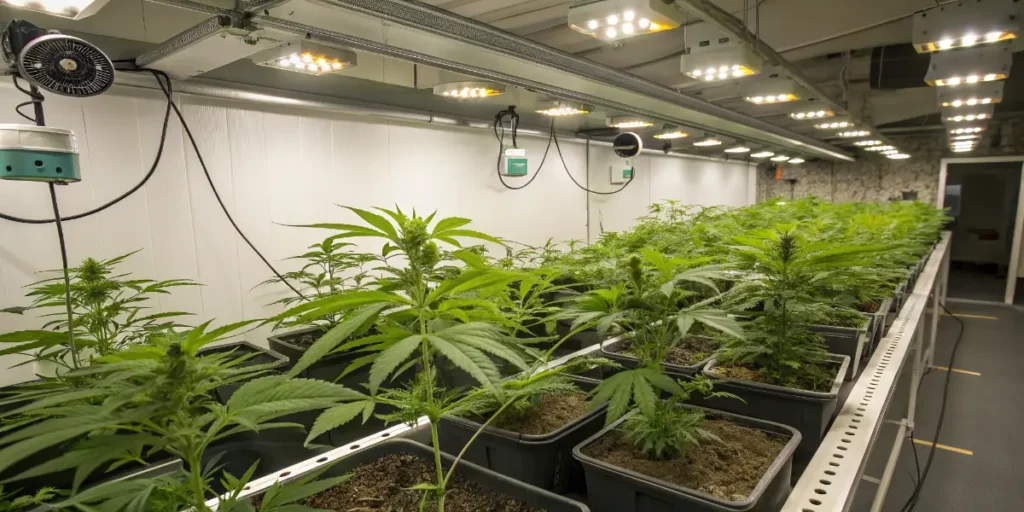 indoor cannabis plants growing under artificial grow lights