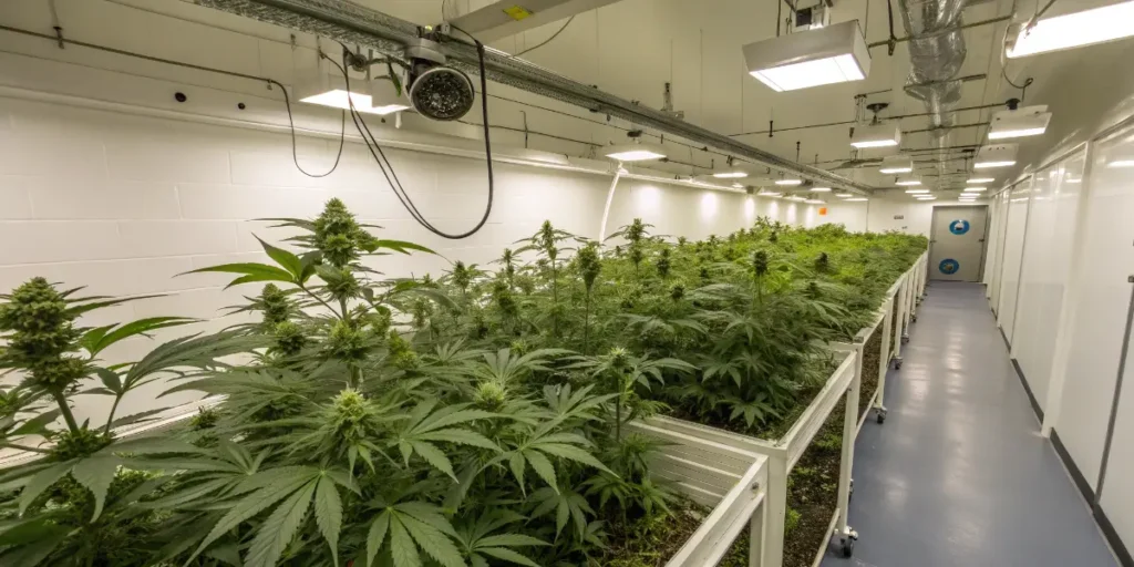 mint cannabis strains growing indoors in a controlled grow room with LED lighting