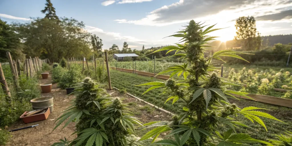 mint cannabis strains growing outdoors in a garden under natural sunlight
