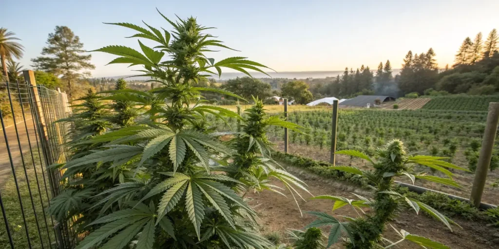flowering cannabis plants growing in outdoor farm rows