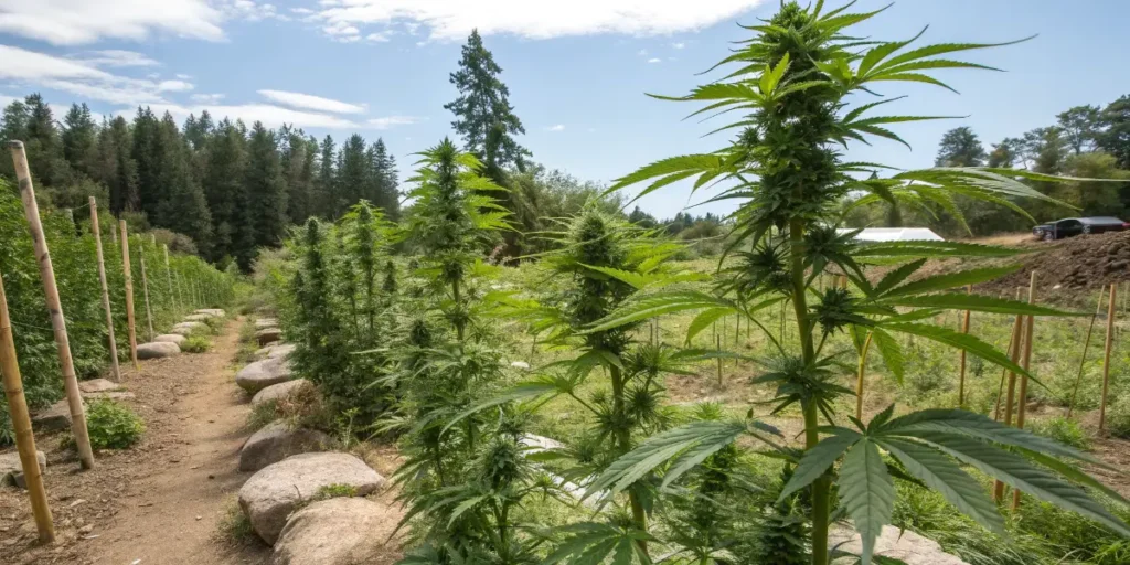 outdoor cannabis plants growing in natural farm environment