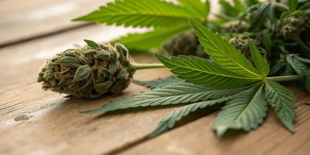 macro view of cannabis bud with green leaves on wood