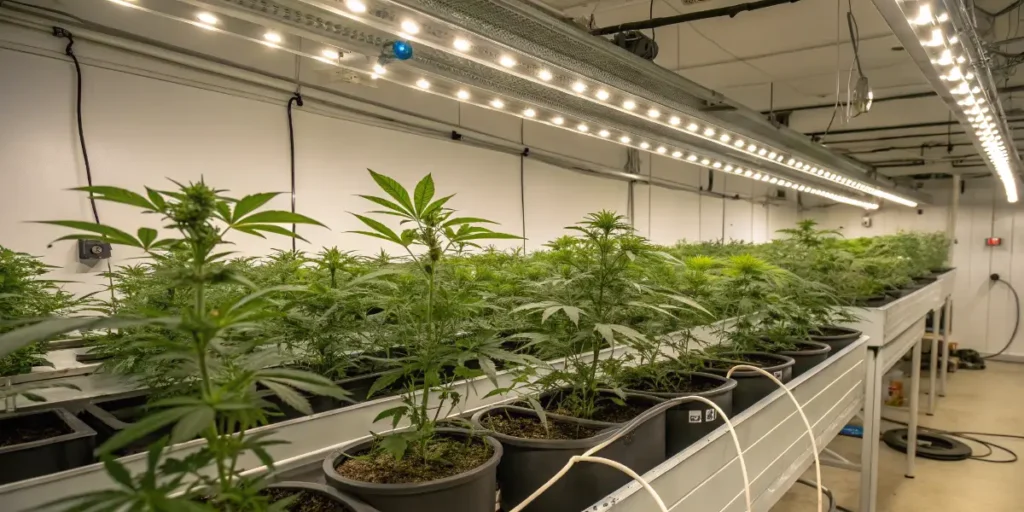 OG Kush cannabis plants growing indoors under artificial grow lights