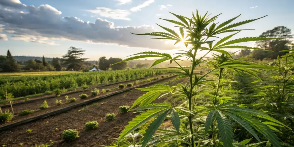 OG Kush cannabis plants growing in organized outdoor farm rows