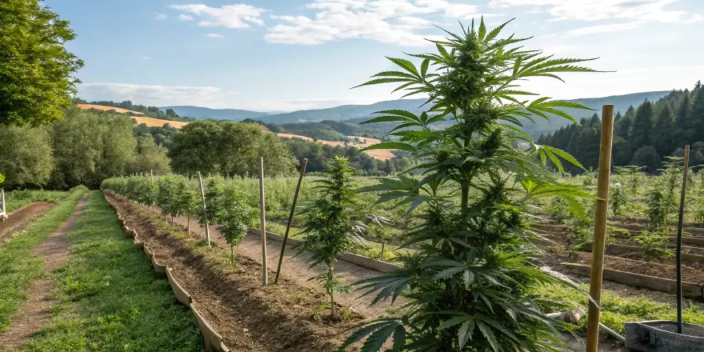 OG Kush cannabis plant growing outdoors in large cultivation field at sunset