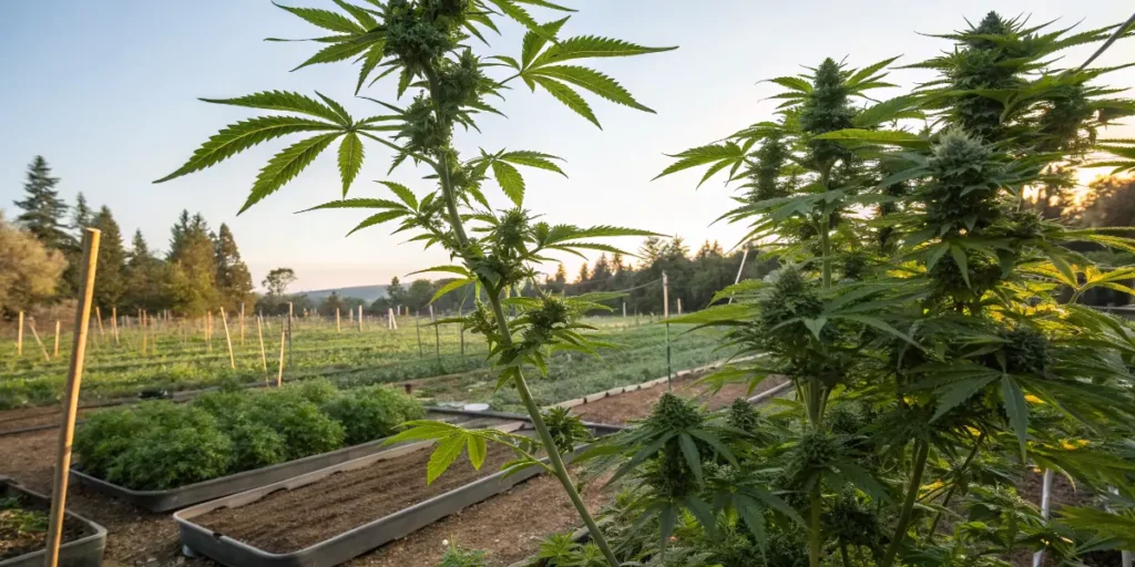 mature cannabis plants growing on outdoor farm with landscape background