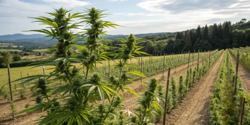 rows of cannabis plants growing in outdoor farm landscape
