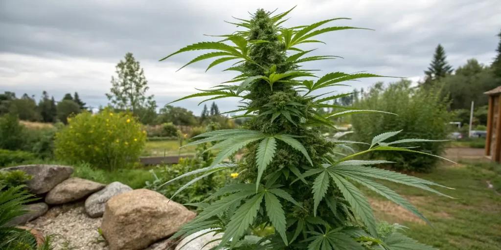 tall cannabis plant growing outdoors with natural landscape background