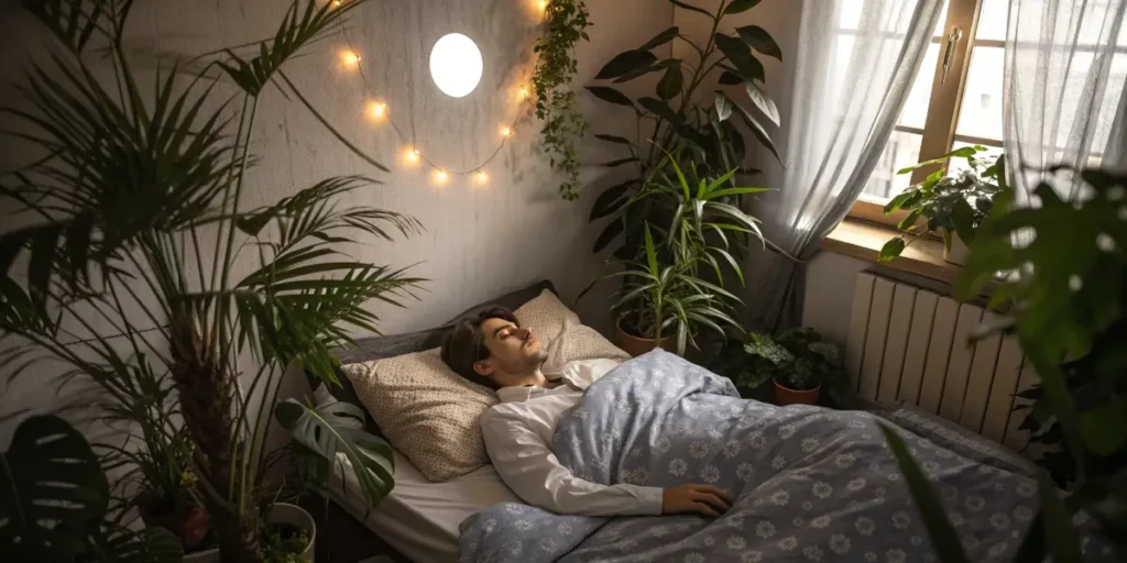 young man sleeping peacefully in bedroom at night