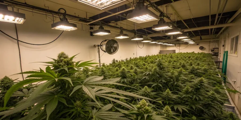 young cannabis plants growing in pots inside indoor grow facility