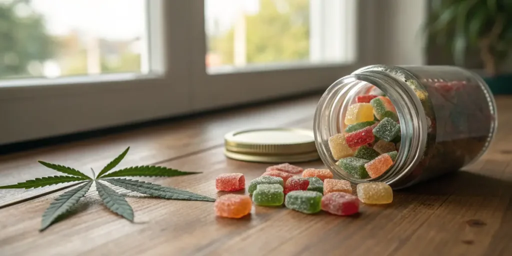 A jar of colorful cannabis gummies spilled across a wooden table near a window, with a cannabis leaf placed beside it.