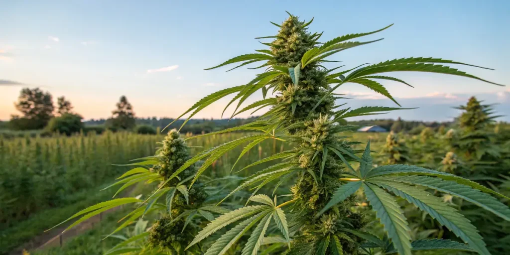 Mint cannabis strain flowering in outdoor cultivation field